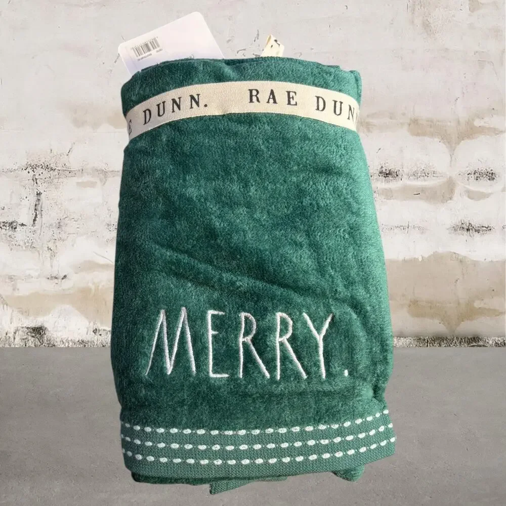 Rae Dunn Green Towels with White Embroidery 